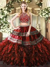 Fitting Burgundy Sweet 16 Dresses Military Ball and Sweet 16 and Quinceanera with Beading and Ruffles High-neck Sleeveless Zipper