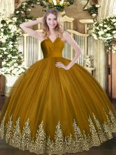  Tulle V-neck Sleeveless Zipper Appliques 15th Birthday Dress in Brown