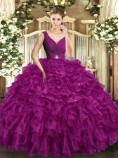 Nice Fuchsia Backless V-neck Beading and Ruffles Quinceanera Dress Organza Sleeveless