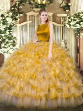 Modest Gold Sleeveless Ruffled Layers Floor Length Ball Gown Prom Dress