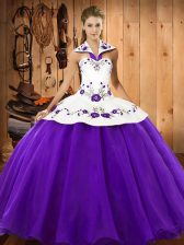  Purple Lace Up Halter Top Embroidery Quinceanera Gown Satin and Tulle Sleeveless