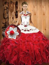  White And Red Ball Gowns Embroidery and Ruffles Sweet 16 Dresses Lace Up Satin and Organza Sleeveless Floor Length