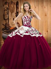  Burgundy Lace Up Sweetheart Embroidery Sweet 16 Dress Satin and Tulle Sleeveless