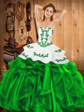 Glorious Sleeveless Satin and Organza Floor Length Lace Up Sweet 16 Quinceanera Dress in Green with Embroidery and Ruffles