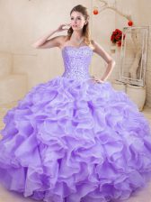 Wonderful Floor Length Lavender Sweet 16 Dresses Organza Sleeveless Beading and Ruffles