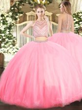 Glamorous Sleeveless Tulle Floor Length Zipper Ball Gown Prom Dress in Baby Pink with Beading