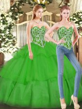 Pretty Green Tulle Lace Up Sweetheart Sleeveless Floor Length Vestidos de Quinceanera Beading and Ruffled Layers
