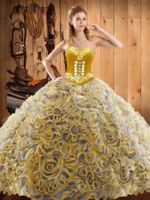  Satin and Fabric With Rolling Flowers Sweetheart Sleeveless Sweep Train Lace Up Embroidery Vestidos de Quinceanera in Multi-color