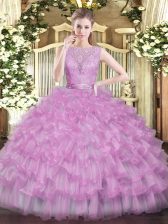  Lilac Ball Gowns Beading and Ruffled Layers Ball Gown Prom Dress Backless Tulle Sleeveless Floor Length