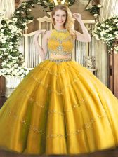  Floor Length Gold Sweet 16 Dresses Scoop Sleeveless Zipper