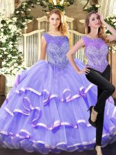  Lavender Quinceanera Gowns Military Ball and Sweet 16 and Quinceanera with Beading and Ruffled Layers Scoop Sleeveless Lace Up