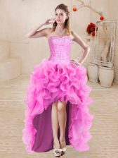  Rose Pink A-line Beading and Ruffles Prom Dress Lace Up Organza Sleeveless High Low