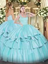  Sleeveless Organza and Taffeta Floor Length Zipper Sweet 16 Dress in Aqua Blue with Beading and Ruffled Layers