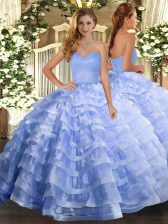  Floor Length Light Blue Sweet 16 Dress Organza Sleeveless Ruffled Layers