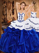 Luxurious Royal Blue Satin and Organza Lace Up 15 Quinceanera Dress Sleeveless Floor Length Embroidery and Ruffles
