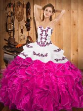 Dynamic Fuchsia Strapless Neckline Embroidery and Ruffles Quince Ball Gowns Sleeveless Lace Up