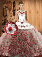 Sexy Halter Top Sleeveless Fabric With Rolling Flowers Quinceanera Dress Embroidery Sweep Train Lace Up