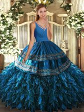 High Quality Blue V-neck Backless Beading and Appliques and Ruffles Ball Gown Prom Dress Sleeveless
