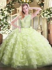  Sleeveless Backless Floor Length Lace and Ruffled Layers Quince Ball Gowns