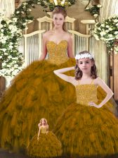  Sleeveless Tulle Floor Length Lace Up Sweet 16 Dresses in Brown with Beading and Ruffles