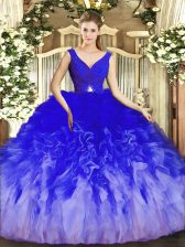 Shining Multi-color Ball Gowns V-neck Sleeveless Tulle Floor Length Backless Beading and Ruffles Sweet 16 Quinceanera Dress