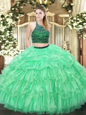  Apple Green Quinceanera Gowns Military Ball and Sweet 16 and Quinceanera with Beading and Ruffled Layers Halter Top Sleeveless Zipper