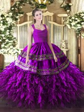  Purple Ball Gowns Straps Sleeveless Organza Floor Length Zipper Appliques and Ruffles Sweet 16 Dress