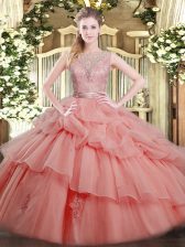  Scoop Sleeveless Tulle Sweet 16 Dress Beading and Ruffled Layers Backless