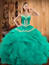 Designer Satin and Organza Sleeveless Floor Length Quinceanera Gowns and Embroidery and Ruffles