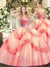 Inexpensive Watermelon Red Ball Gowns Tulle V-neck Sleeveless Beading and Appliques Floor Length Zipper Quinceanera Dress