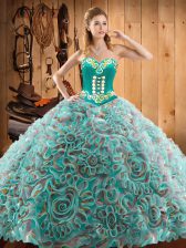  Sweetheart Sleeveless Sweep Train Lace Up Quinceanera Gowns Multi-color Satin and Fabric With Rolling Flowers