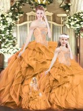  Orange Red Organza Lace Up 15th Birthday Dress Sleeveless Floor Length Beading and Ruffles
