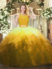  Gold Ball Gowns Organza Scoop Sleeveless Lace and Ruffles Floor Length Zipper Quince Ball Gowns