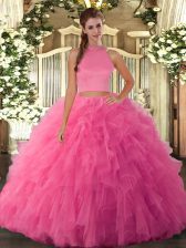 Chic Floor Length Hot Pink Quinceanera Dresses Tulle Sleeveless Beading and Ruffles