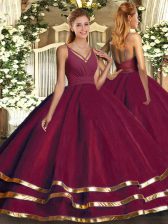  Burgundy V-neck Backless Ruffled Layers Quince Ball Gowns Sleeveless