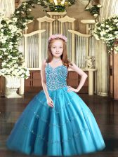  Ball Gowns Little Girl Pageant Gowns Baby Blue Straps Tulle Sleeveless Floor Length Lace Up