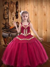 Popular Red Sleeveless Embroidery Floor Length Kids Formal Wear