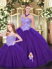 Clearance Purple Ball Gown Prom Dress Military Ball and Sweet 16 and Quinceanera with Beading Sweetheart Sleeveless Lace Up