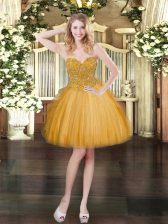 Super Gold Lace Lace Up Sleeveless Mini Length Beading and Ruffles