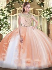 Vintage Bateau Sleeveless Sweet 16 Quinceanera Dress Floor Length Beading and Ruffles Peach Tulle