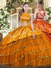  Sleeveless Tulle Floor Length Criss Cross Quinceanera Gown in Orange with Ruffled Layers