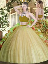  Olive Green Backless Bateau Beading and Ruffles Vestidos de Quinceanera Tulle Sleeveless