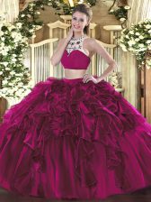  Floor Length Backless Sweet 16 Dress Fuchsia for Military Ball and Sweet 16 and Quinceanera with Beading and Ruffles