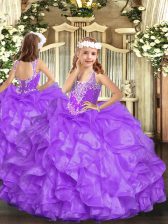 High Class V-neck Sleeveless Organza Custom Made Pageant Dress Beading and Ruffles Lace Up