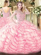  Baby Pink Zipper Quinceanera Gown Beading and Ruffled Layers Sleeveless Sweep Train