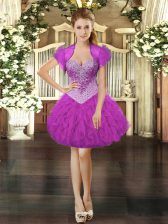  Fuchsia Organza Lace Up Sweetheart Sleeveless Mini Length Evening Dress Beading and Ruffles