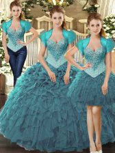  Teal Sleeveless Tulle Lace Up Quince Ball Gowns for Military Ball and Sweet 16 and Quinceanera