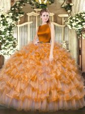 Classical Orange Red Organza Clasp Handle Sweet 16 Quinceanera Dress Sleeveless Floor Length Ruffled Layers