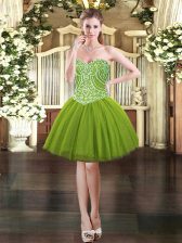 Captivating Sleeveless Tulle Mini Length Lace Up Homecoming Dress in Olive Green with Beading