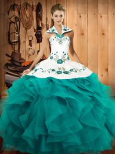 Smart Floor Length Lace Up Quince Ball Gowns Teal for Military Ball and Sweet 16 and Quinceanera with Embroidery and Ruffles